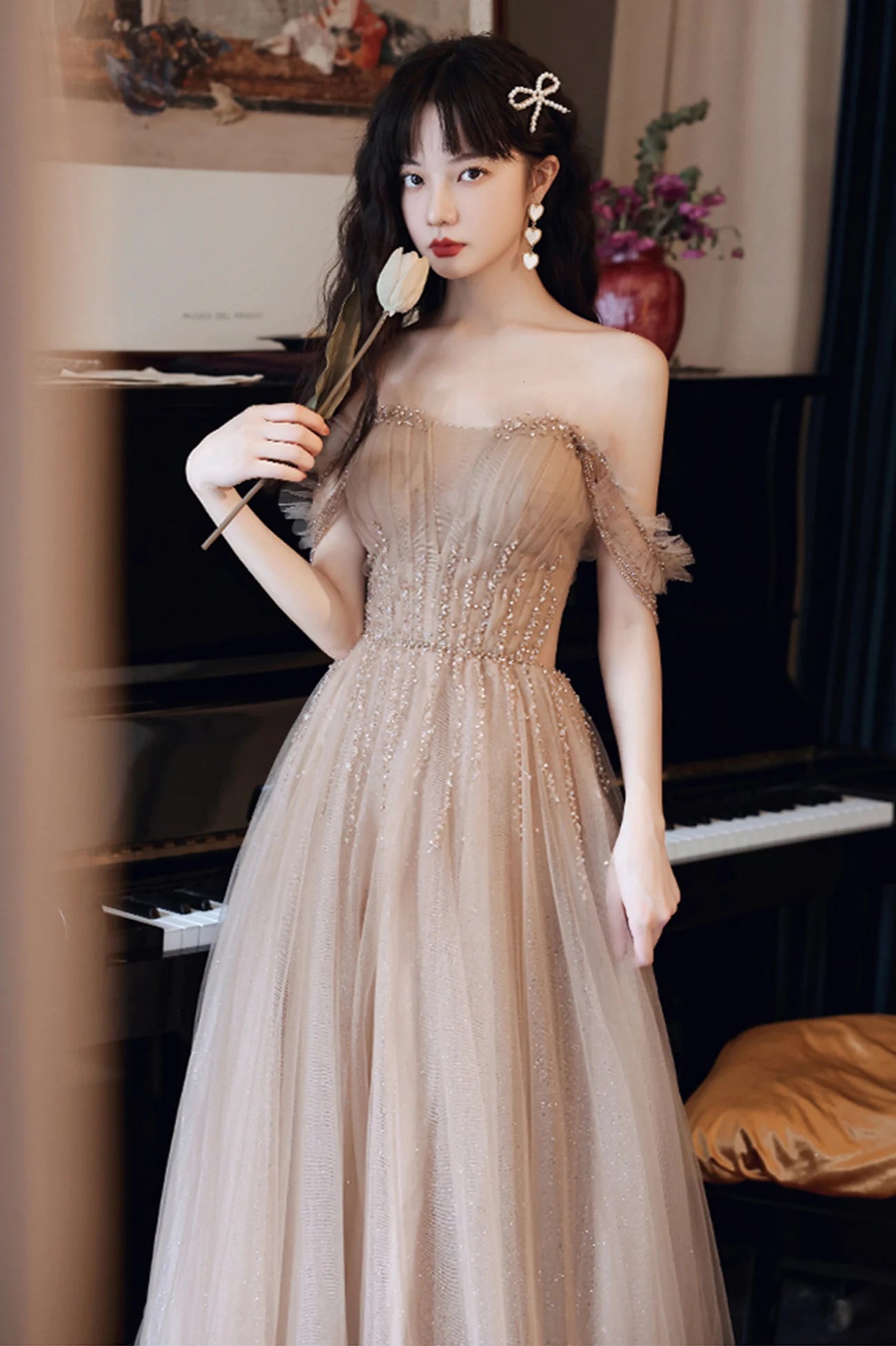 A-Line Tulle Beaded Floor Length Long Prom Dress Evening Party Dress