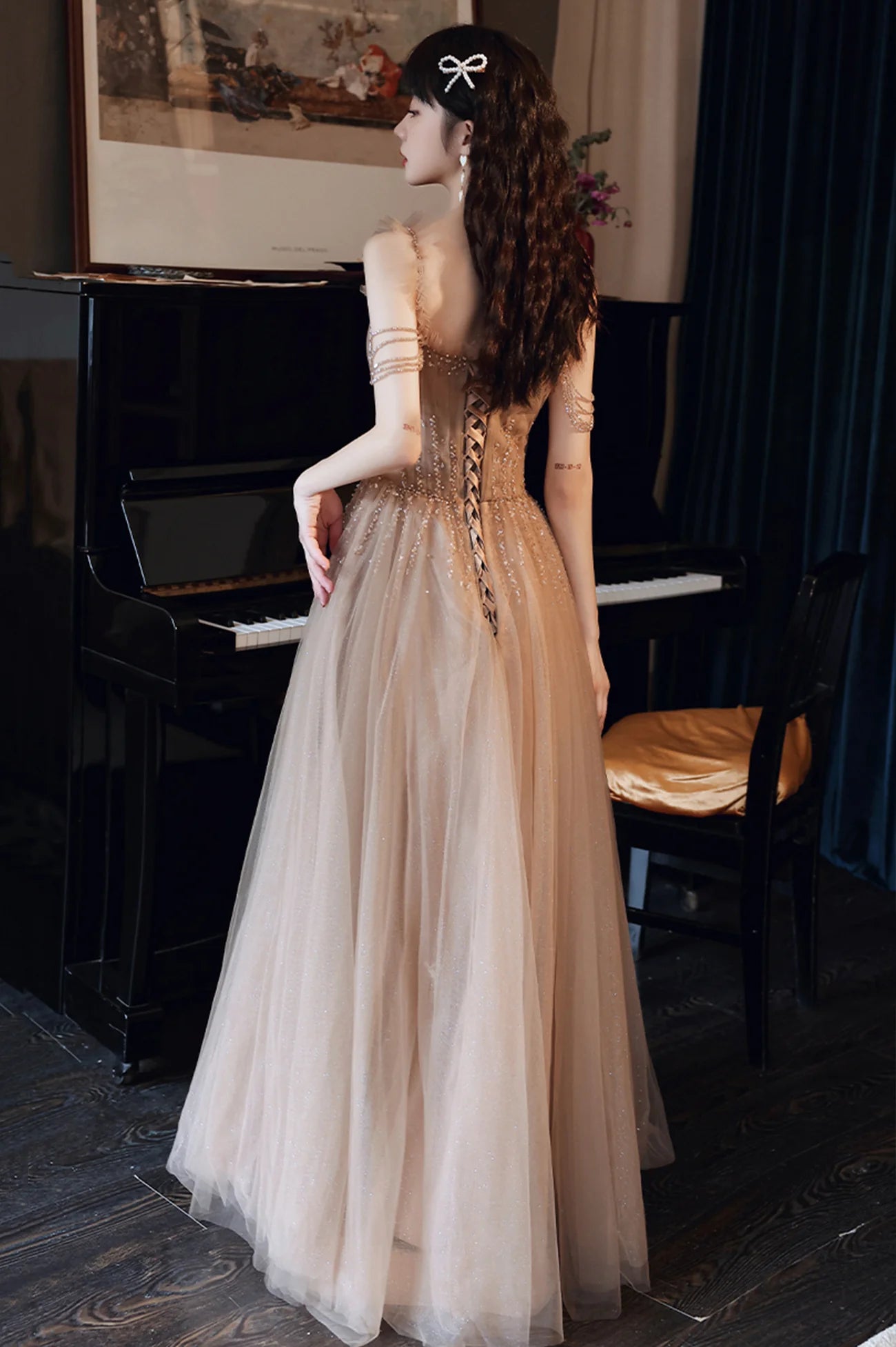 A-Line Tulle Beaded Floor Length Long Prom Dress Evening Party Dress