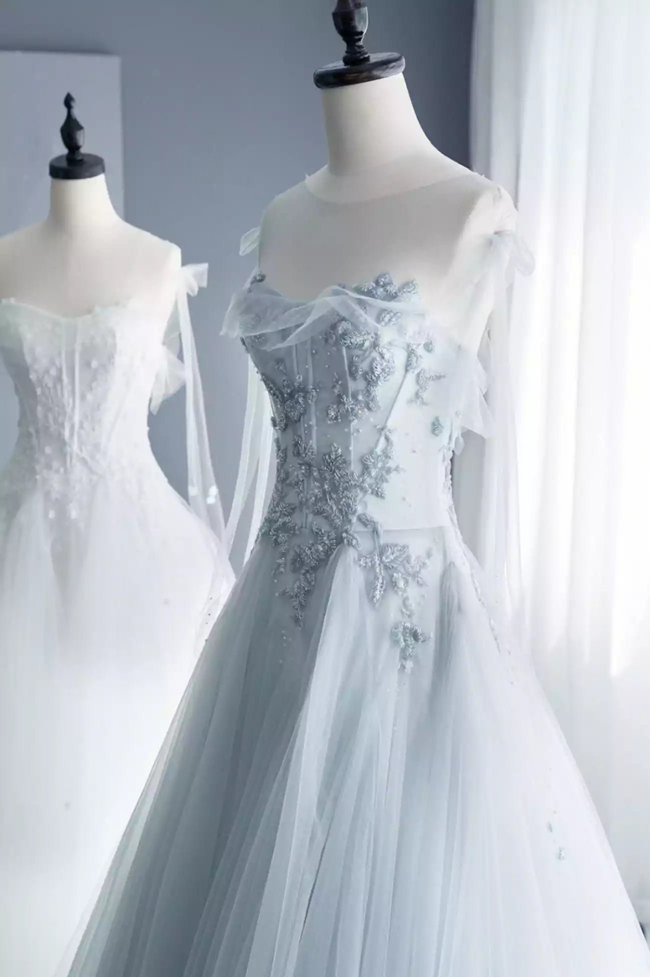 A-Line Tulle Lace Floor Length Long Prom Dresses Evening Party Dresses