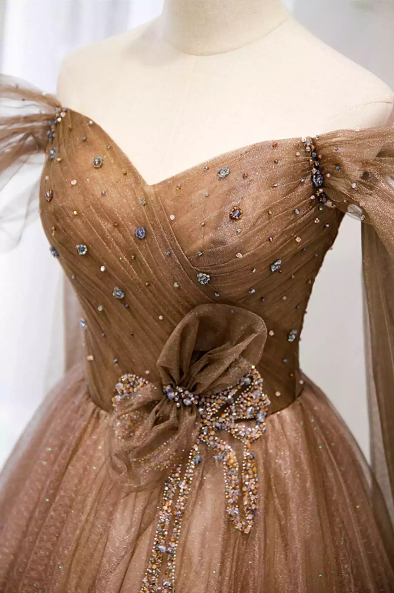 A-Line Tulle Off the Shouler Long Formal Dresses Formal Evening Dress