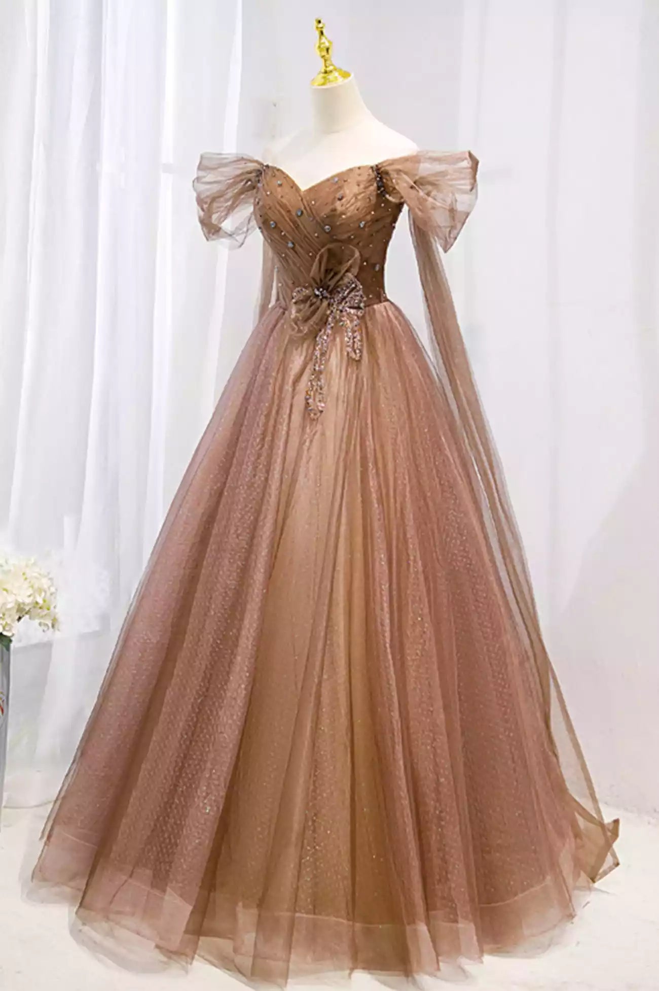 A-Line Tulle Off the Shouler Long Formal Dresses Formal Evening Dress