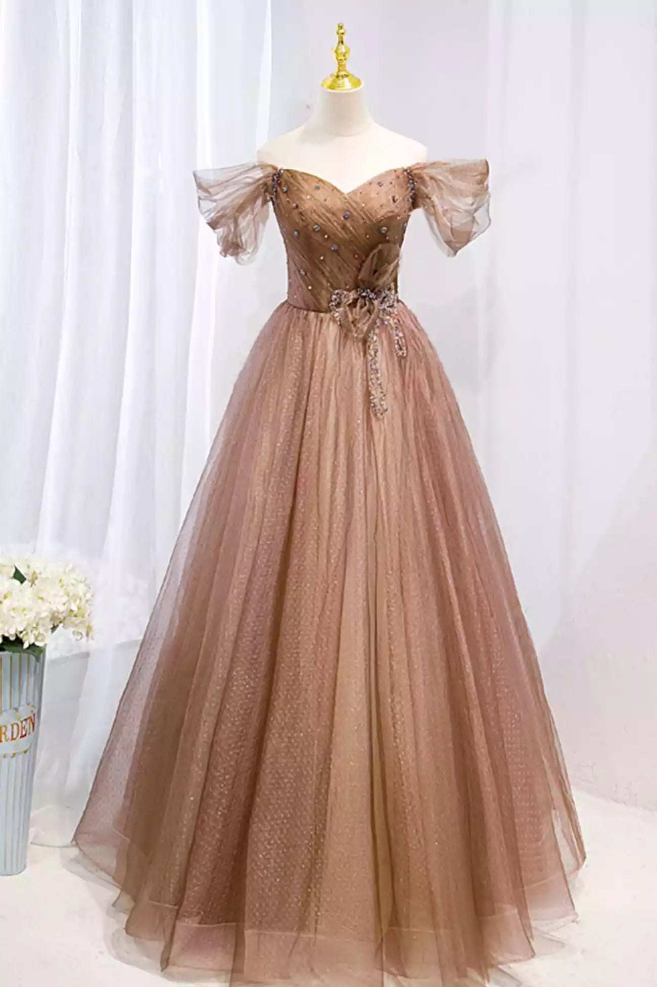 A-Line Tulle Off the Shouler Long Formal Dresses Formal Evening Dress