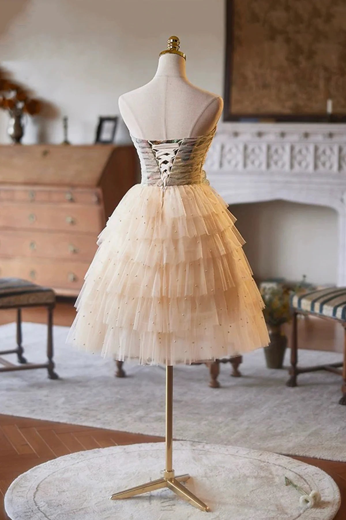 A-Line Tulle Pearls Short Knee length Prom Dress Lovely Strapless Evening Party Homecoming Dresses