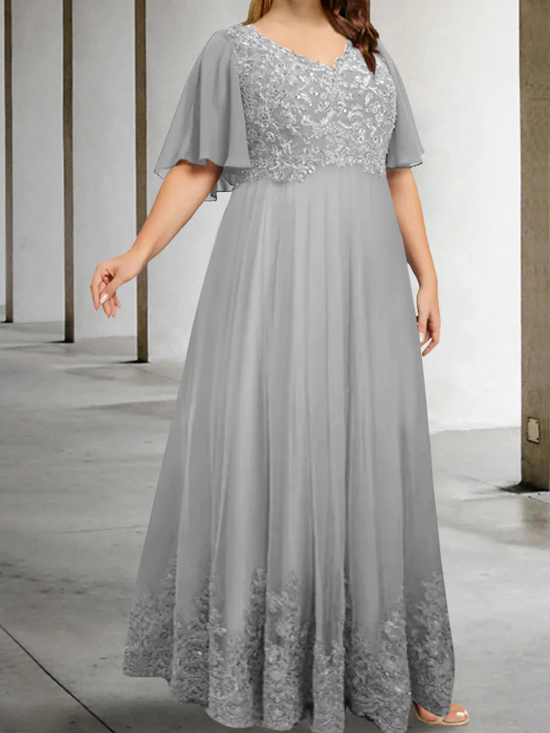 A-Line V-Neck Half Sleeves Floor-Length Plus Size with Appliques Mother of the Bride Dresses