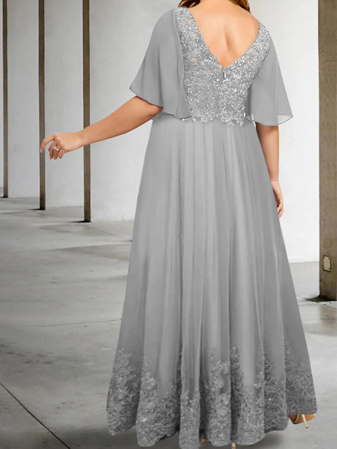 A-Line V-Neck Half Sleeves Floor-Length Plus Size with Appliques Mother of the Bride Dresses