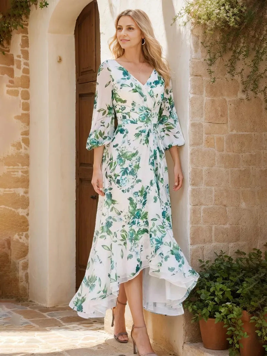 A-Line V-Neck Long Sleeves Asymmetrical Ankle-Length Printed Floral Elegant Mother of the Bride Dresses