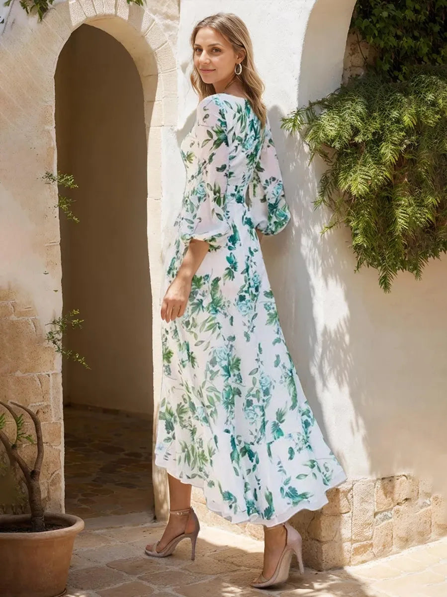 A-Line V-Neck Long Sleeves Asymmetrical Ankle-Length Printed Floral Elegant Mother of the Bride Dresses