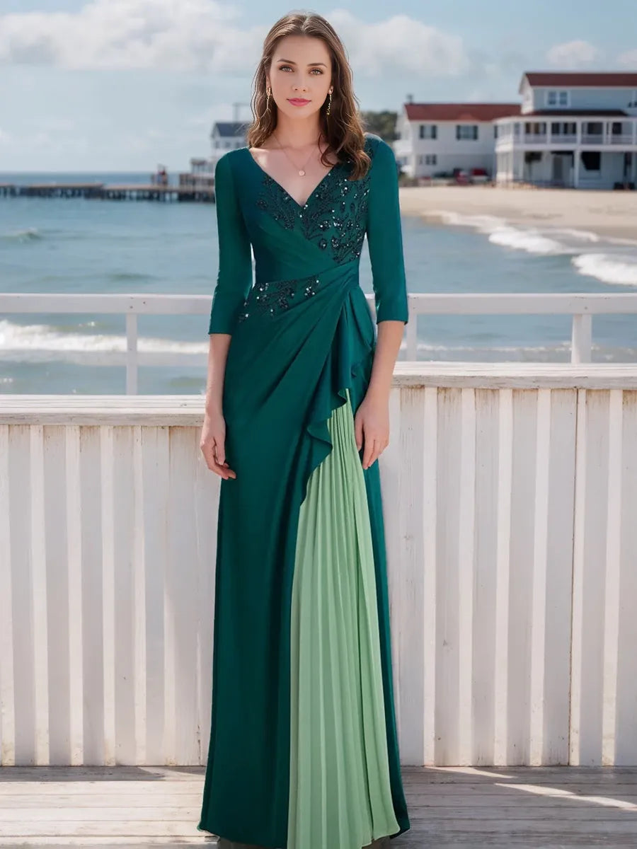 A-Line V-Neck Long Sleeves Elegant with Appliques Ruffles Floor-Length  Mother of the Bride Dresses