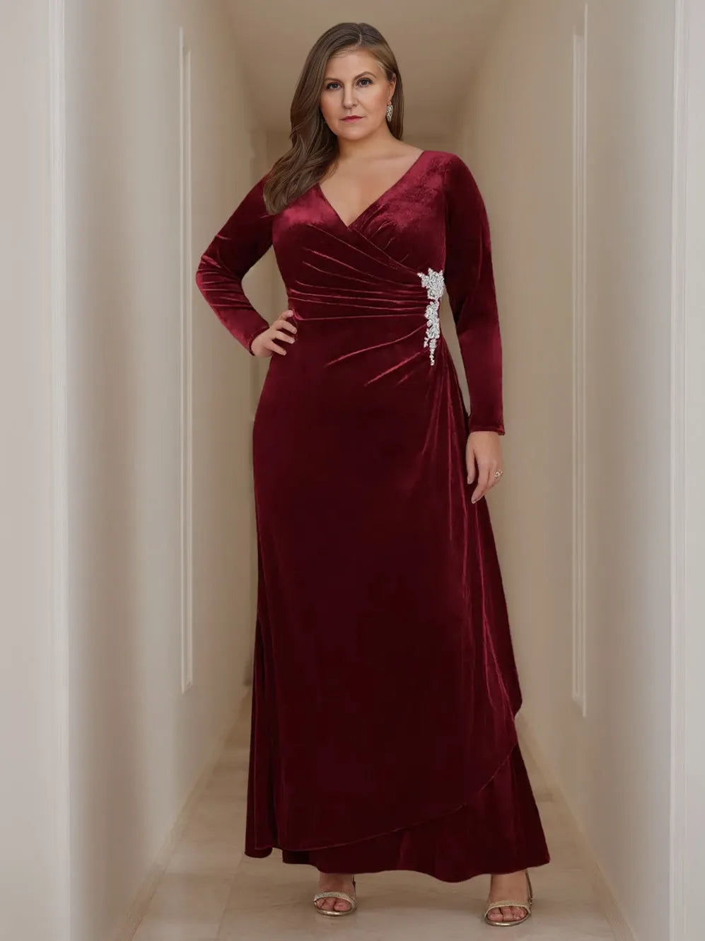 A-Line V-Neck Long Sleeves Floor-Length Plus Size Velvet with Ruffles Mother of the Bride Dresses