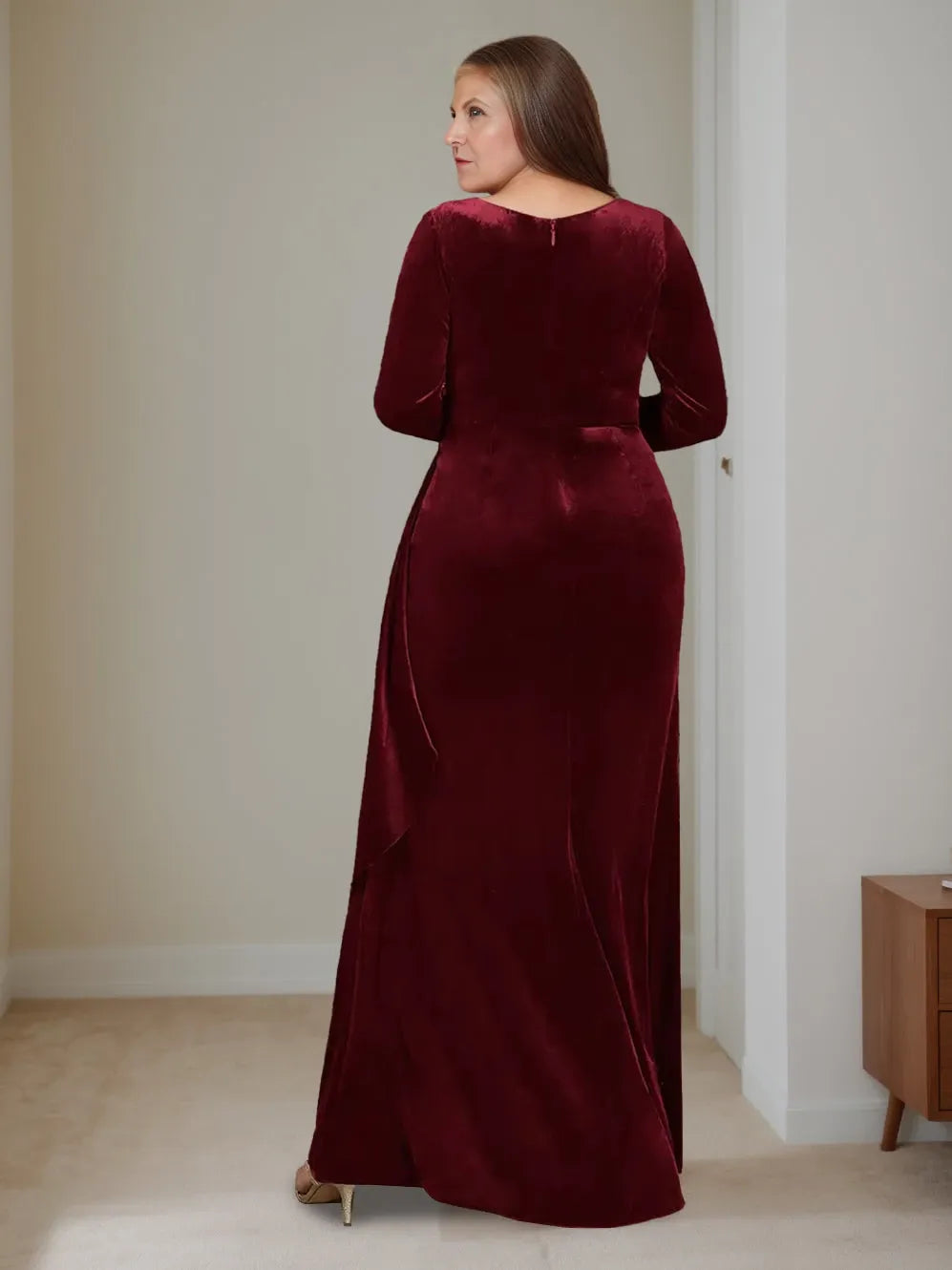A-Line V-Neck Long Sleeves Floor-Length Plus Size Velvet with Ruffles Mother of the Bride Dresses