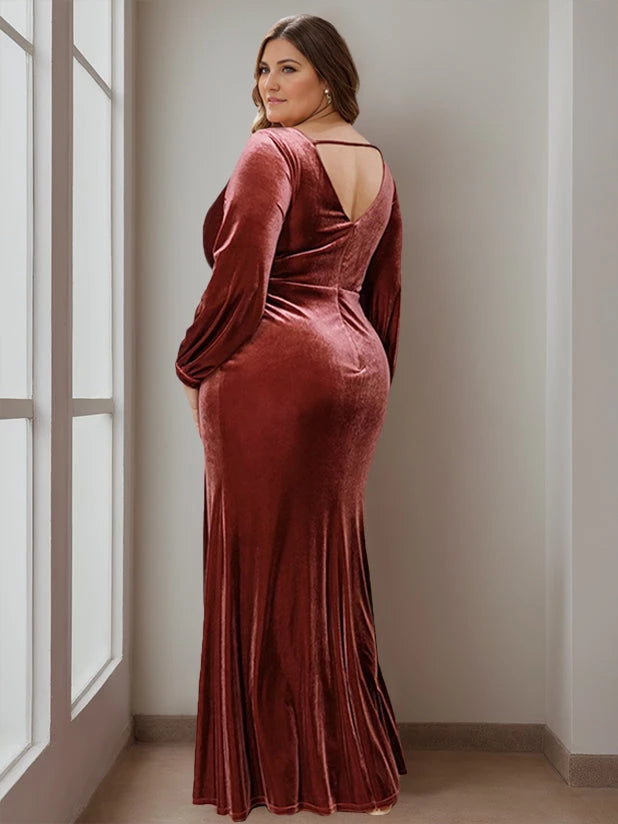 A-Line V-Neck Burgundy Long Sleeves Floor-Length Plus Size Velvet with Ruffles Mother of the Bride Dresses