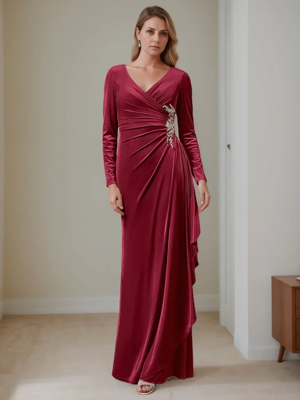 A-Line V-Neck Long Sleeves Floor-Length Velvet with Ruffles Mother of the Bride Dresses