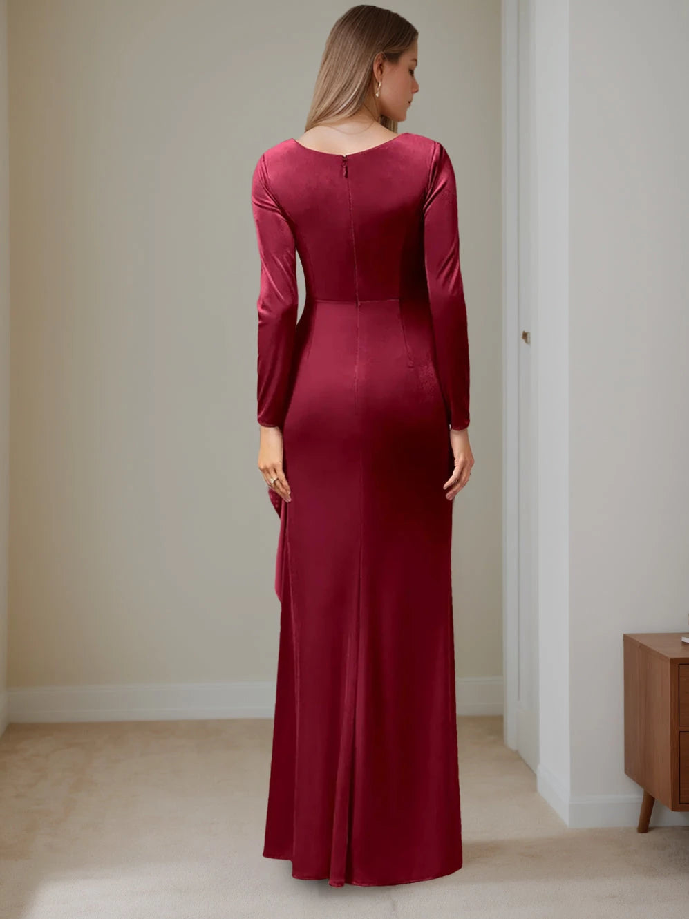 A-Line V-Neck Long Sleeves Floor-Length Velvet with Ruffles Mother of the Bride Dresses