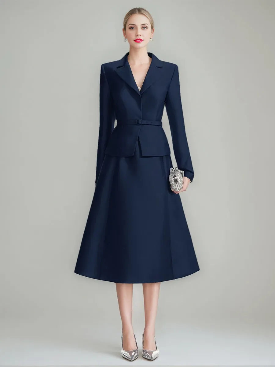 A-Line V-Neck Long Sleeves Tea-Length 2 piece with Belt Mother of the Bride Dresses