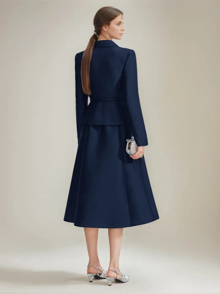 A-Line V-Neck Long Sleeves Tea-Length 2 piece with Belt Mother of the Bride Dresses