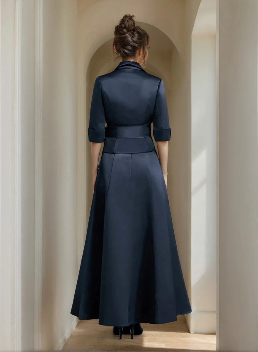 A-Line V-Neck Satin Ankle Length Long Sleeves Two Piece Elegant Mother of the Bride Dresses