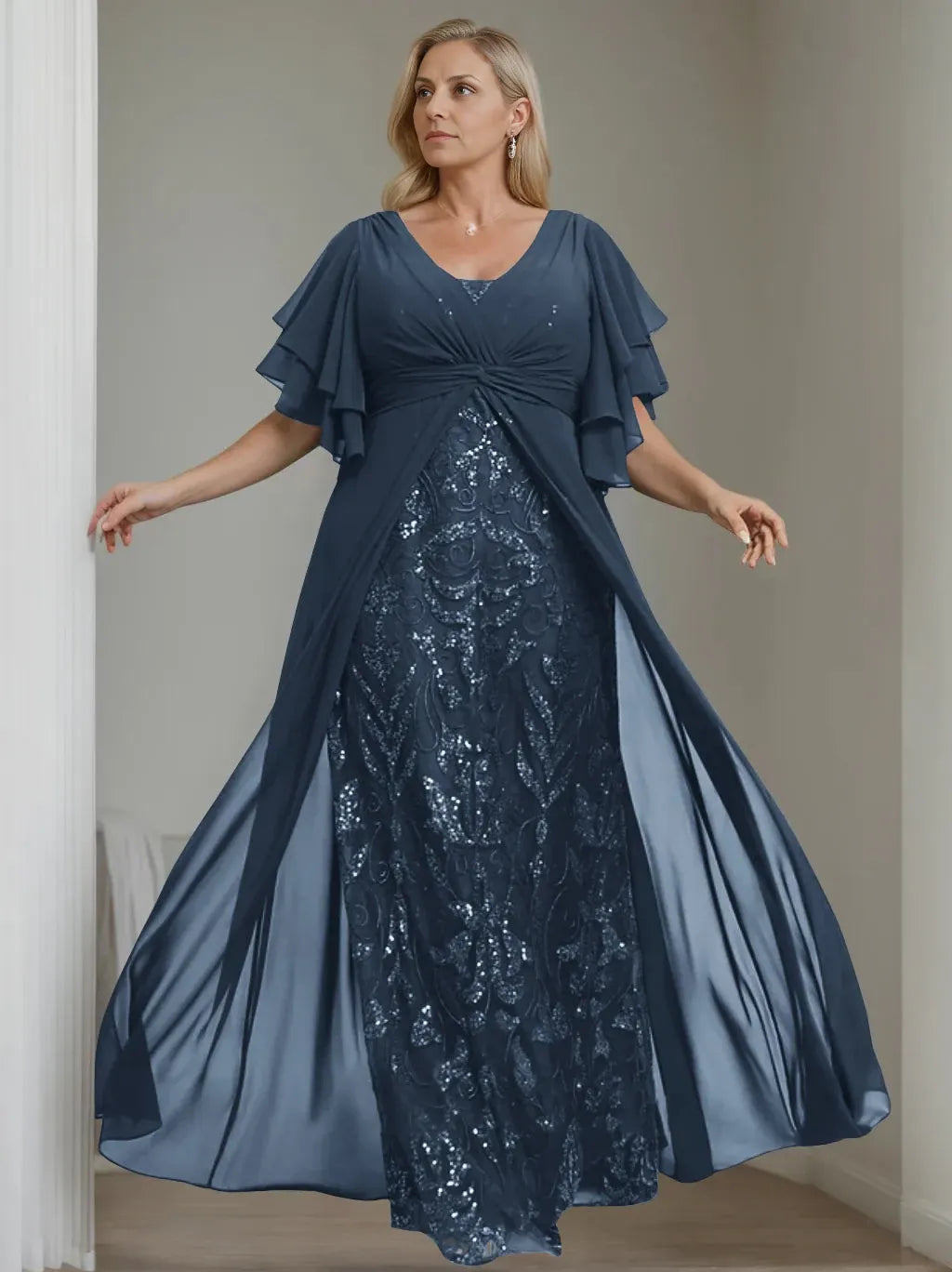 A-Line V-Neck Sequin Half Sleeves Floor-Length Plus Size with Pleated Mother of the Bride Dresses