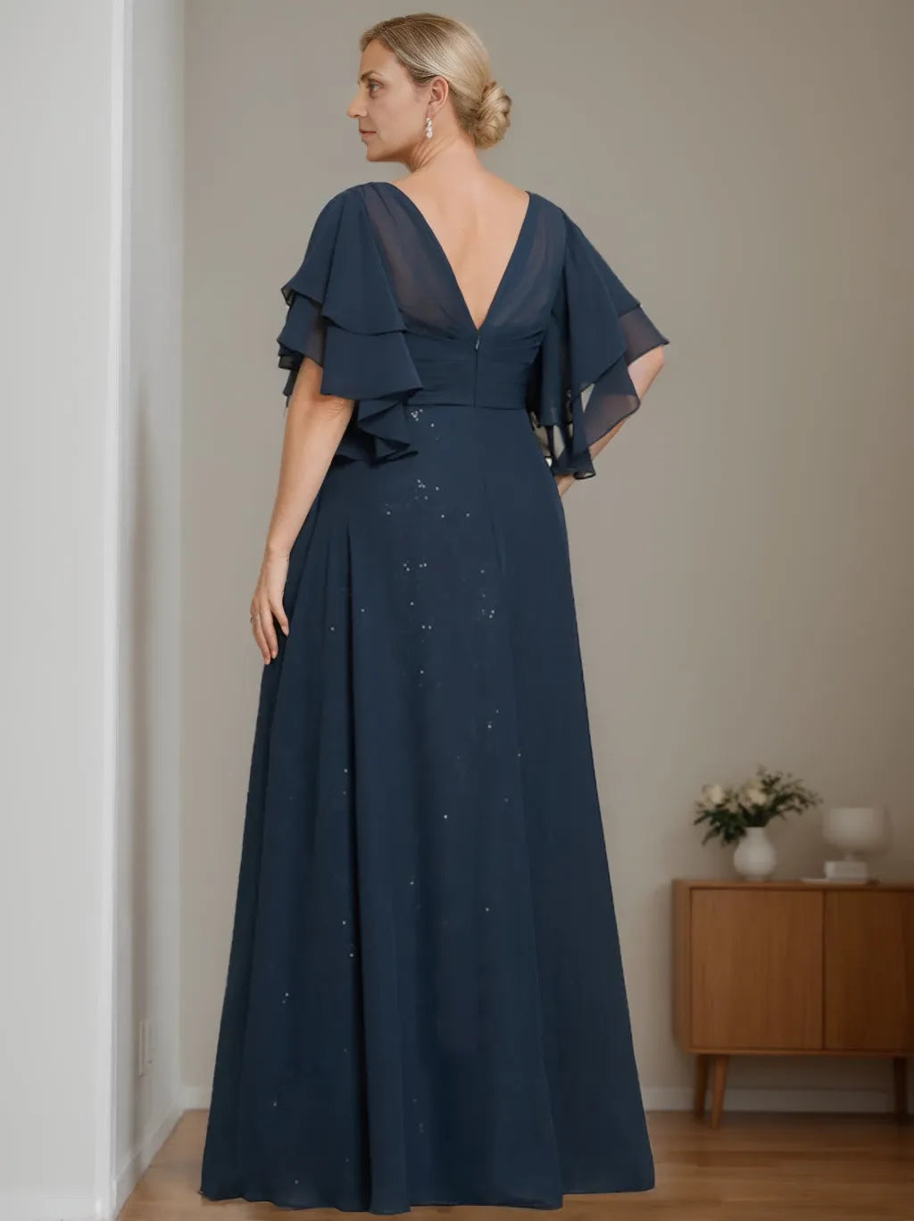 A-Line V-Neck Sequin Half Sleeves Floor-Length Plus Size with Pleated Mother of the Bride Dresses
