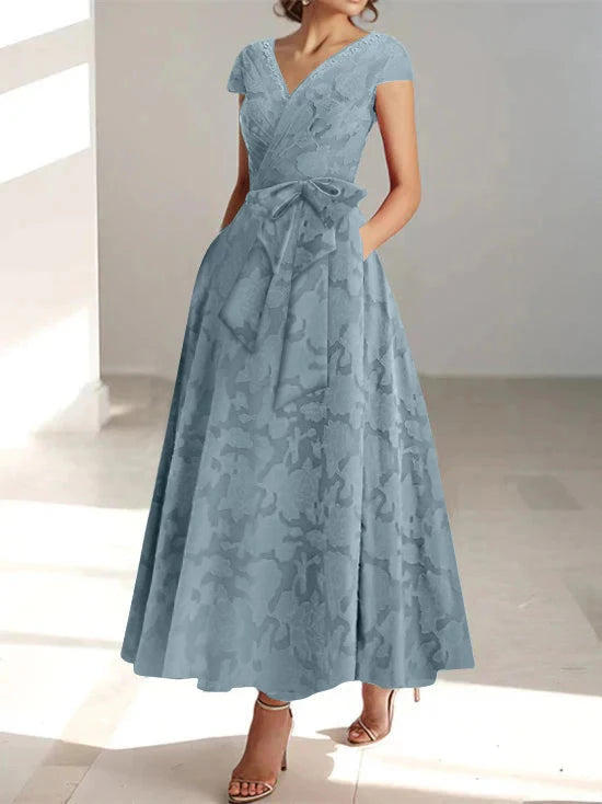 A-Line V-Neck Short Sleeves Ankle-Length Rose Lace Applique With Pockets Ruffles Mother of the Bride Dresses