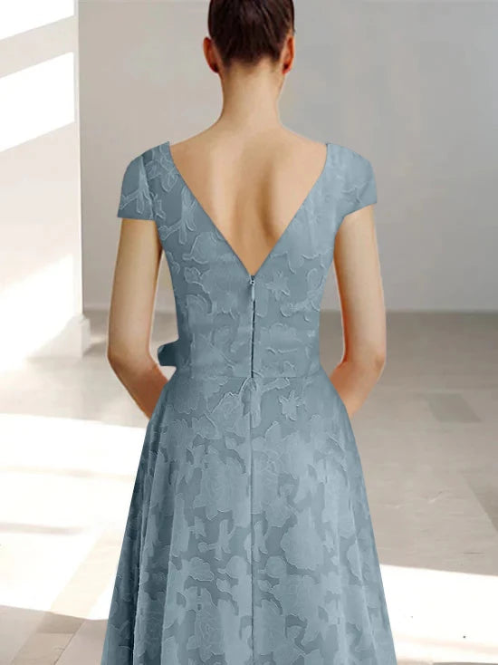 A-Line V-Neck Short Sleeves Ankle-Length Rose Lace Applique With Pockets Ruffles Mother of the Bride Dresses