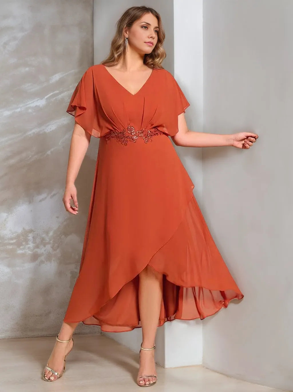 A-Line V-Neck Short Sleeves Asymmetrical Plus Size with Appliques Mother Of The Bride Dresses