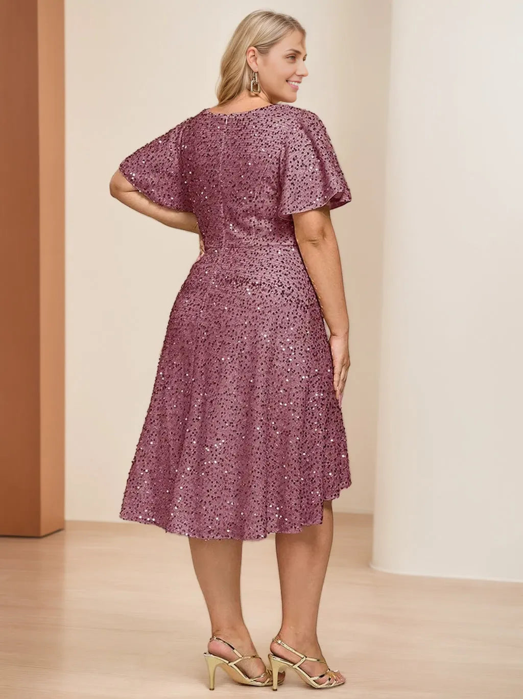 A-Line V-Neck Short Sleeves Asymmetrical Plus Size with Sequins Ruffles Mother Of The Bride Dresses