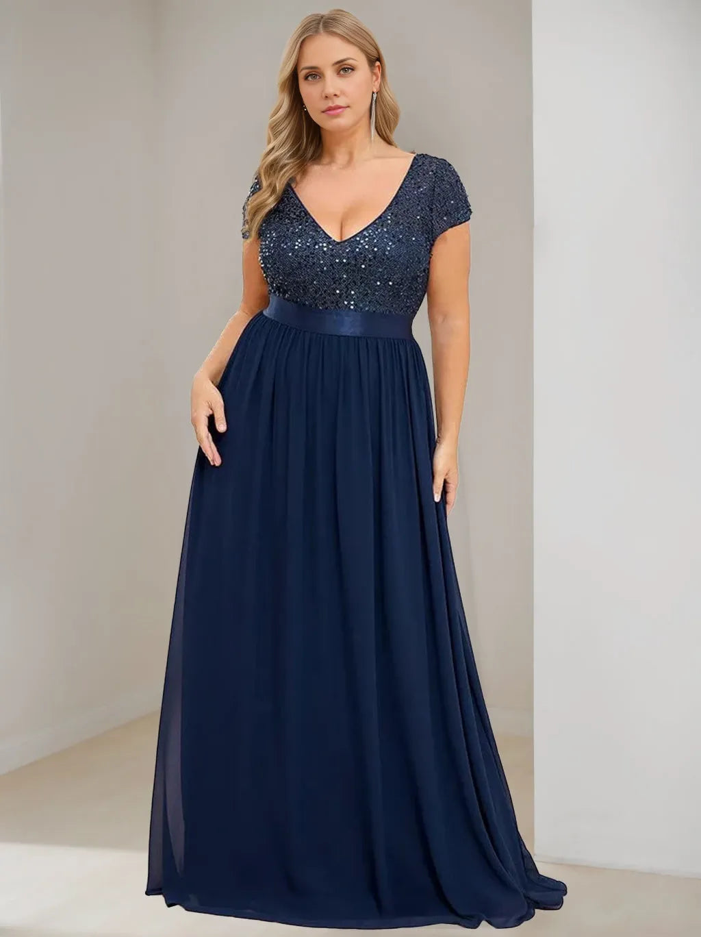 A-Line V-Neck Short Sleeves Floor-Length Chiffon Plus Size with Ribbon Mother Of The Bride Dresses