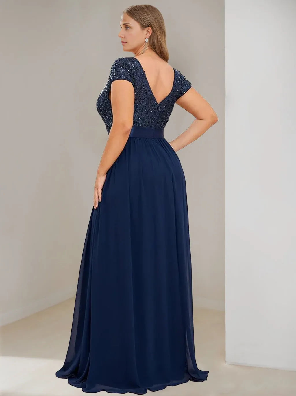 A-Line V-Neck Short Sleeves Floor-Length Chiffon Plus Size with Ribbon Mother Of The Bride Dresses