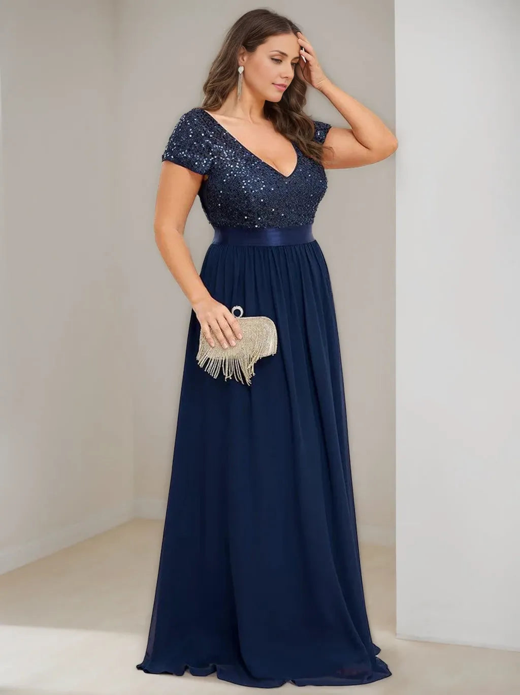 A-Line V-Neck Short Sleeves Floor-Length Chiffon Plus Size with Ribbon Mother Of The Bride Dresses