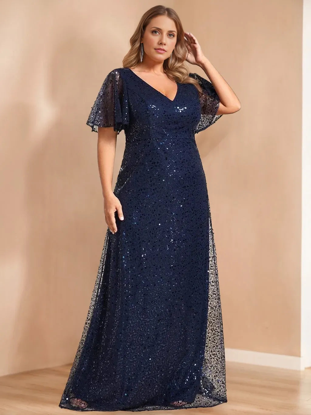 A-Line V-Neck Short Sleeves Floor-Length Unique Plus Size with Sequins Mother Of The Bride Dresses