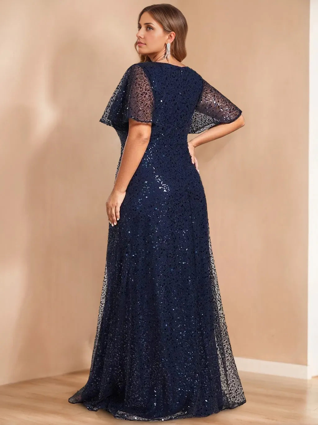 A-Line V-Neck Short Sleeves Floor-Length Unique Plus Size with Sequins Mother Of The Bride Dresses