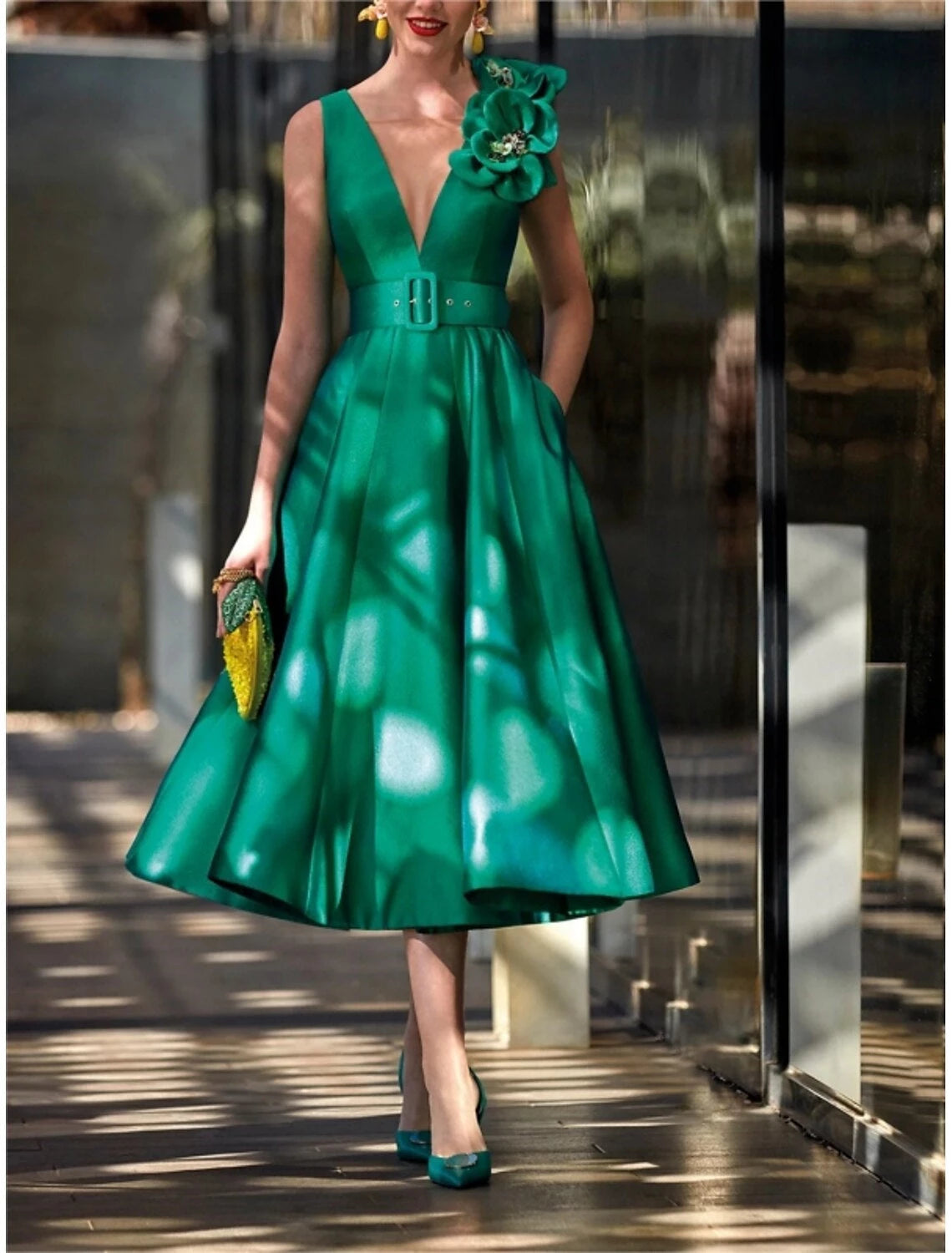 A-Line V-Neck Shouder Flower Pleats﻿ Sleeveless Tea-Length with Sash Mother of the Bride Dresses