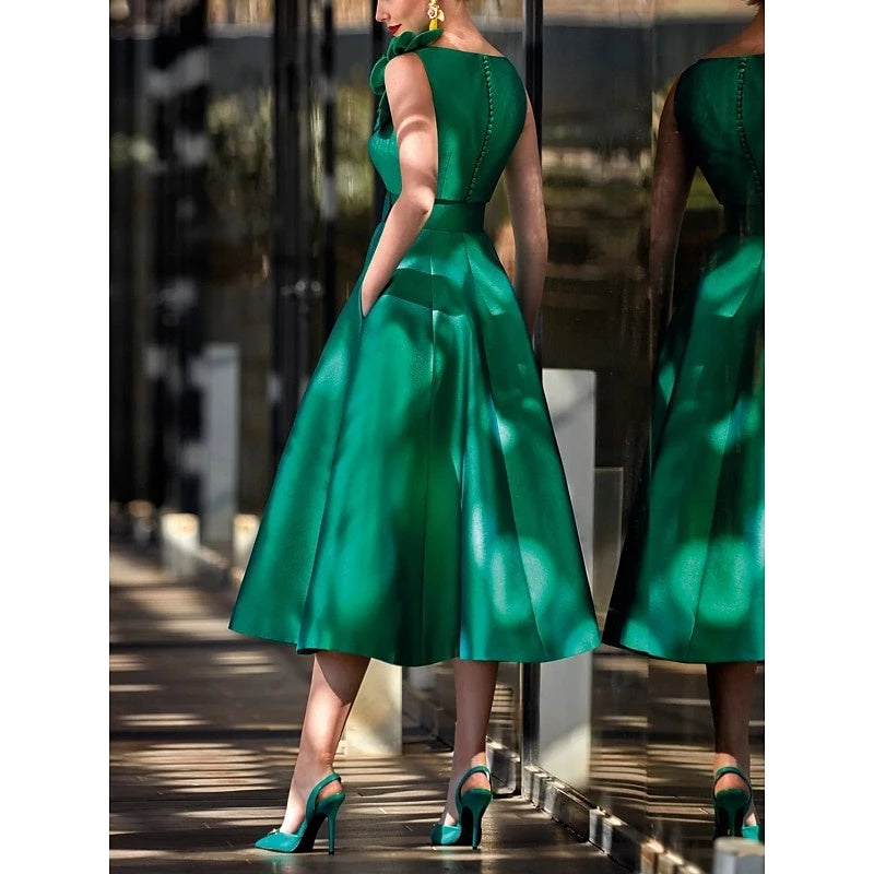 A-Line V-Neck Shouder Flower Pleats﻿ Sleeveless Tea-Length with Sash Mother of the Bride Dresses