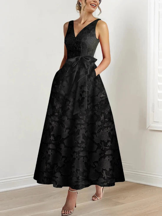 A-Line V-Neck Sleeveless Ankle-Length Rose Lace Applique with Pockets Ruffles Mother of the Bride Dresses