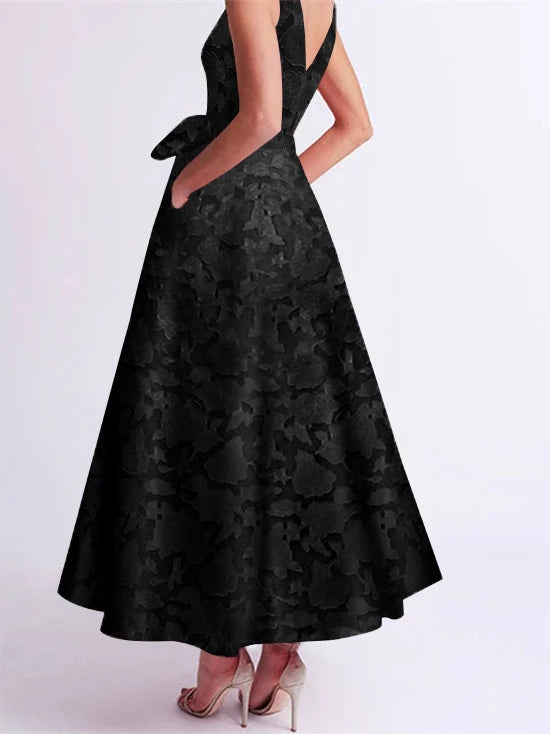 A-Line V-Neck Sleeveless Ankle-Length Rose Lace Applique with Pockets Ruffles Mother of the Bride Dresses