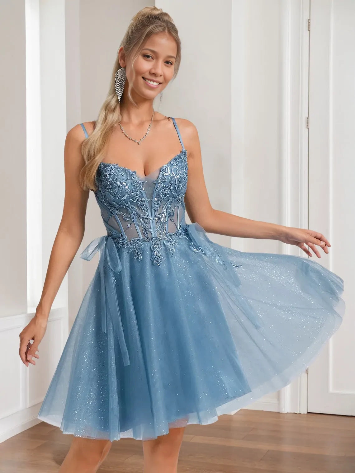 A-Line V-Neck Sleeveless Pleated Short with Beads Sequins Appliques Lace Lace-Up Bows Party Dresses Homecoming Dresses