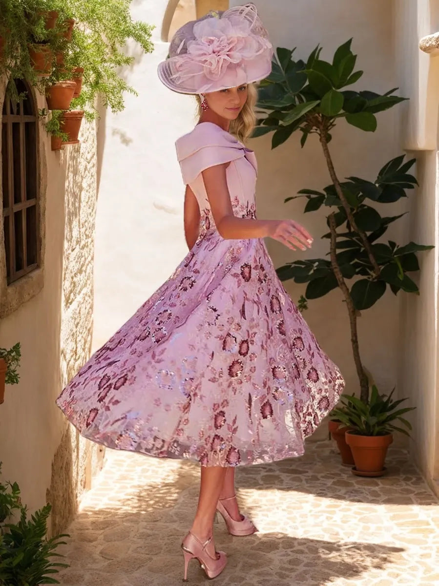 A-Line V-Neck Tea-Length Sleeveless Luxurious with Bow Embroidery Mother of the Bride Dresses