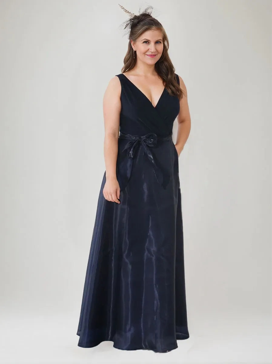 A-Line Velvet V-Neck Sleeveless Floor-Length Plus Size with Bow Mother of the Bride Dresses