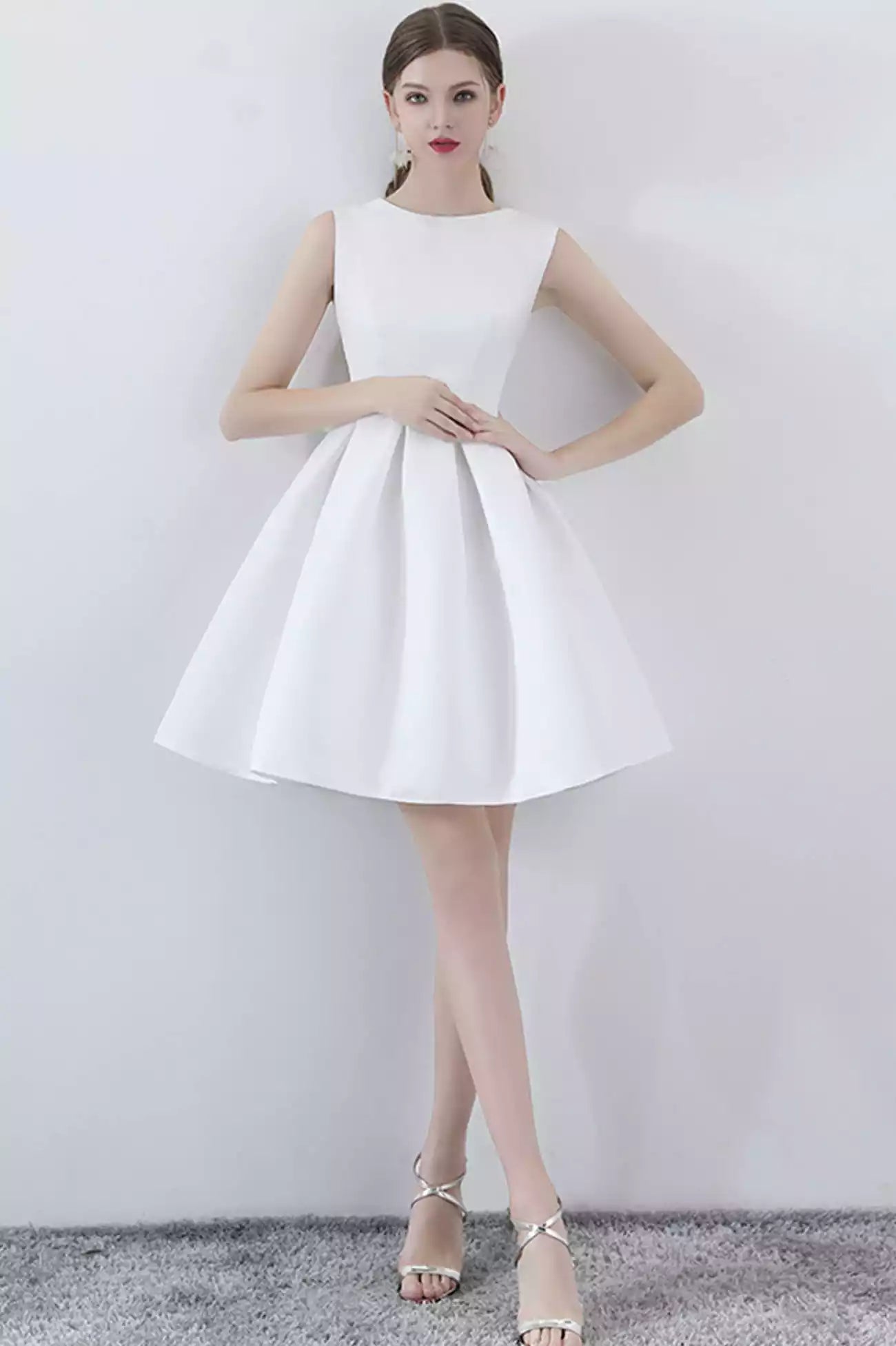 A-Line White Satin Short Prom Dresses Cocktail dresses with Bow Party Dress