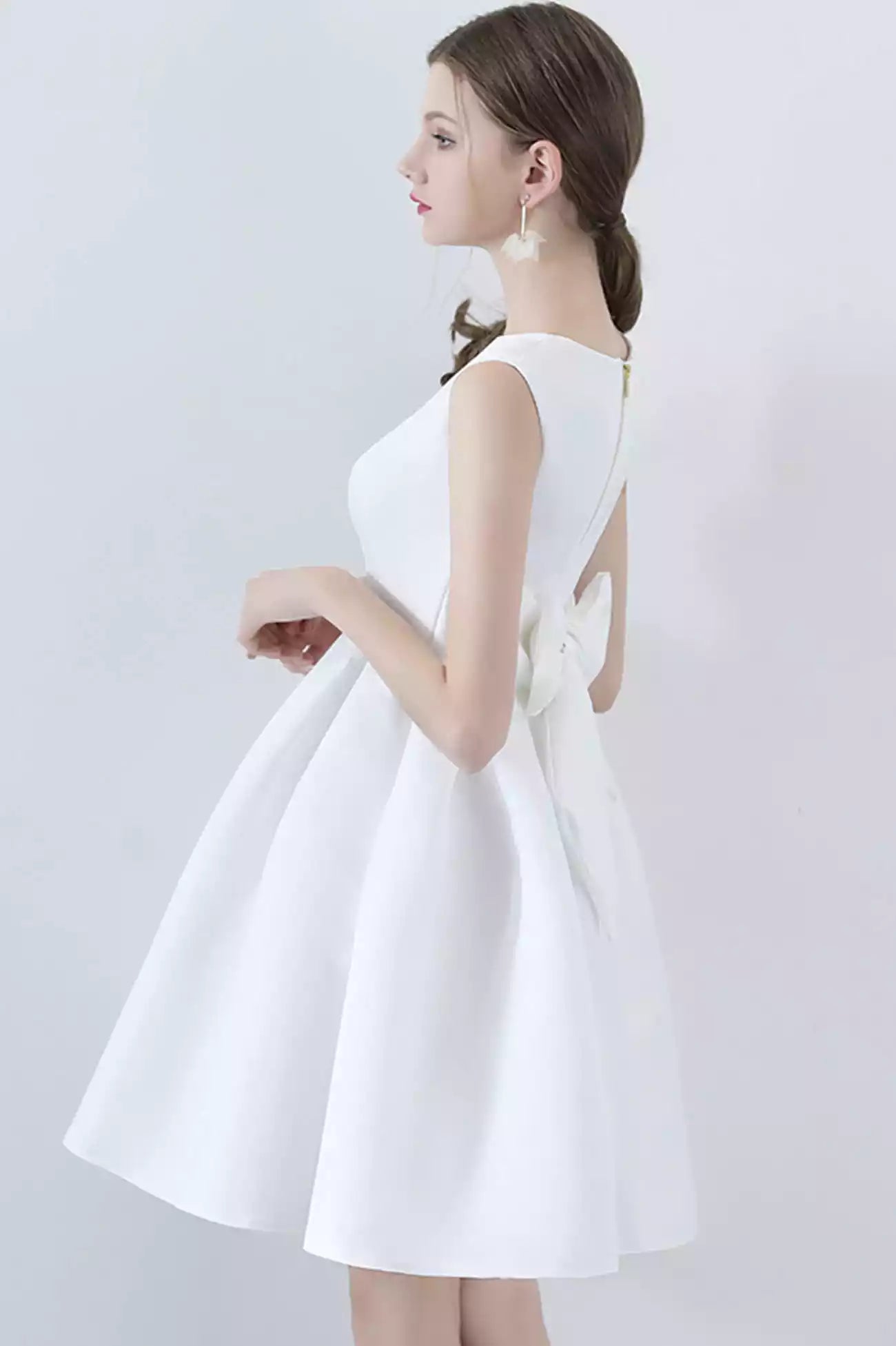 A-Line White Satin Short Prom Dresses Cocktail dresses with Bow Party Dress