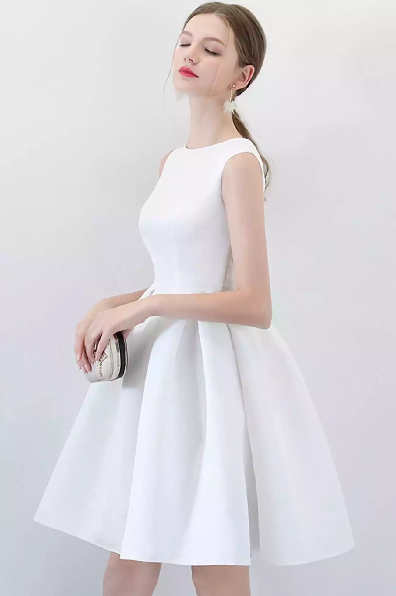 A-Line White Satin Short Prom Dresses Cocktail dresses with Bow Party Dress