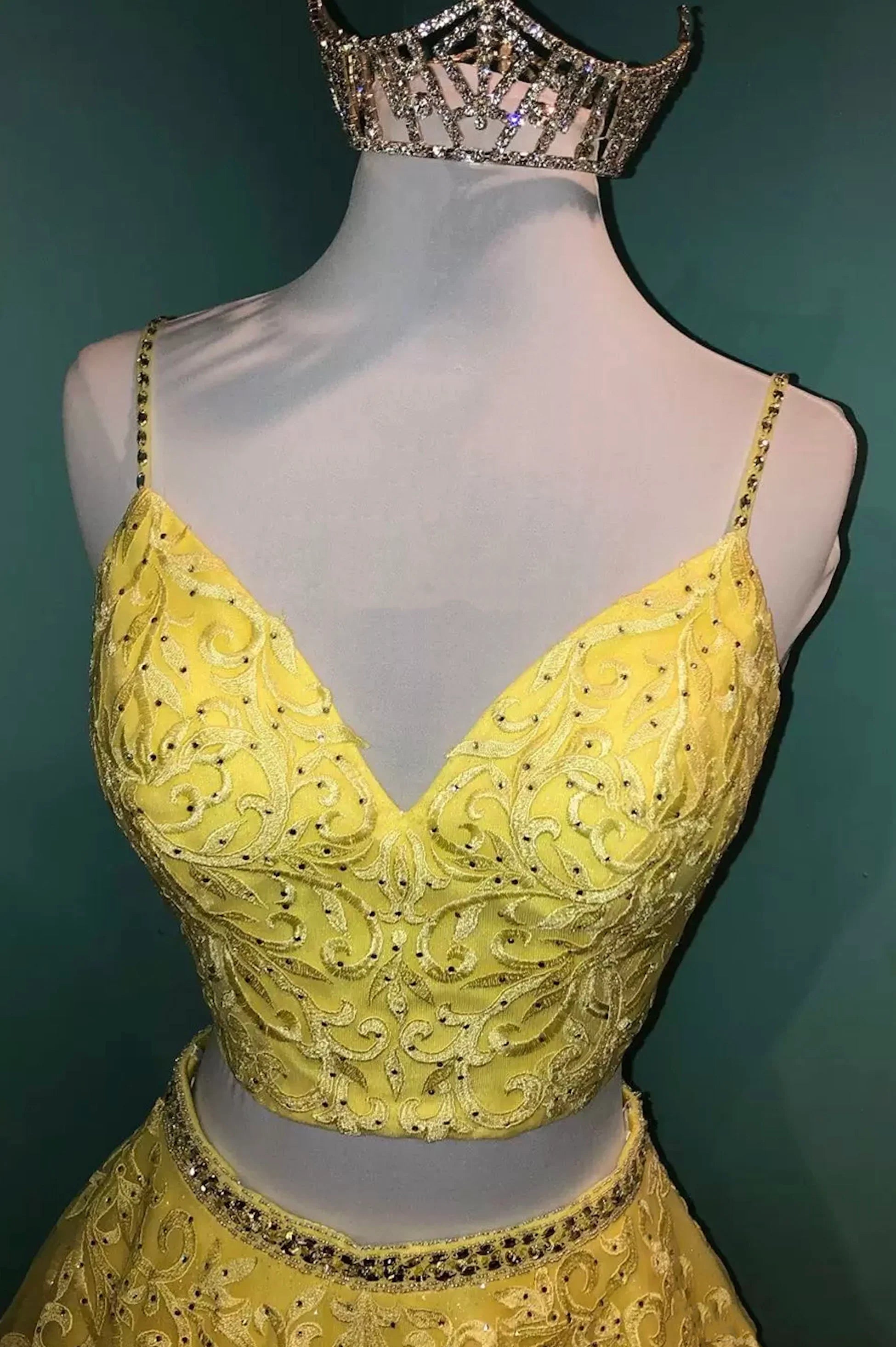 A-Line Yellow Lace Two Pieces Prom Dress Evening Party Dress