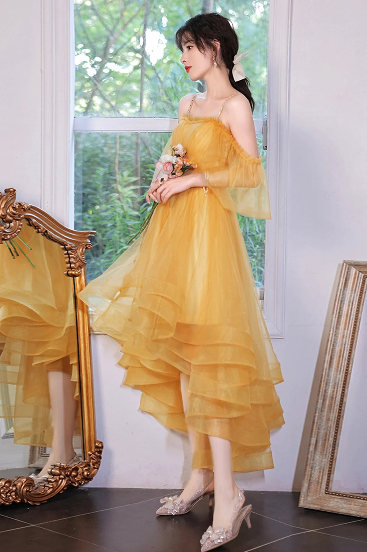 A-Line Yellow Tulle High Low Prom Dresses Evening Dresses