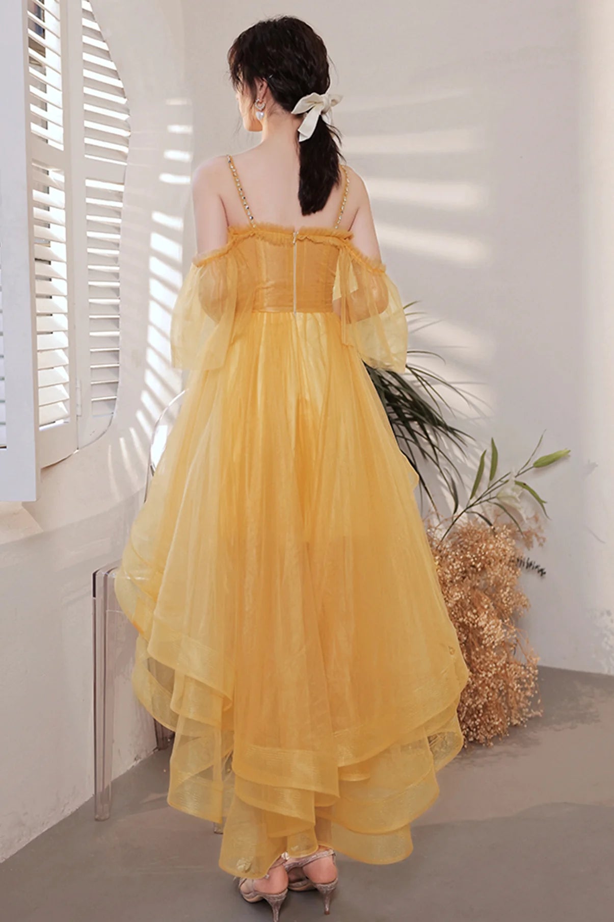 A-Line Yellow Tulle High Low Prom Dresses Evening Dresses