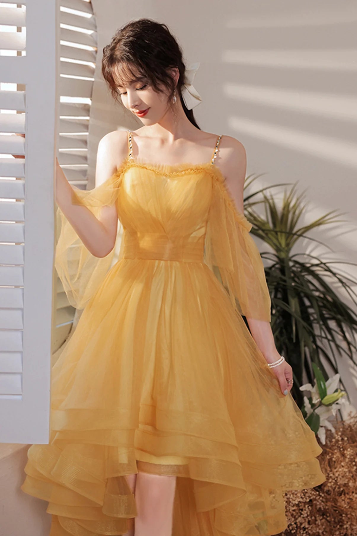 A-Line Yellow Tulle High Low Prom Dresses Evening Dresses