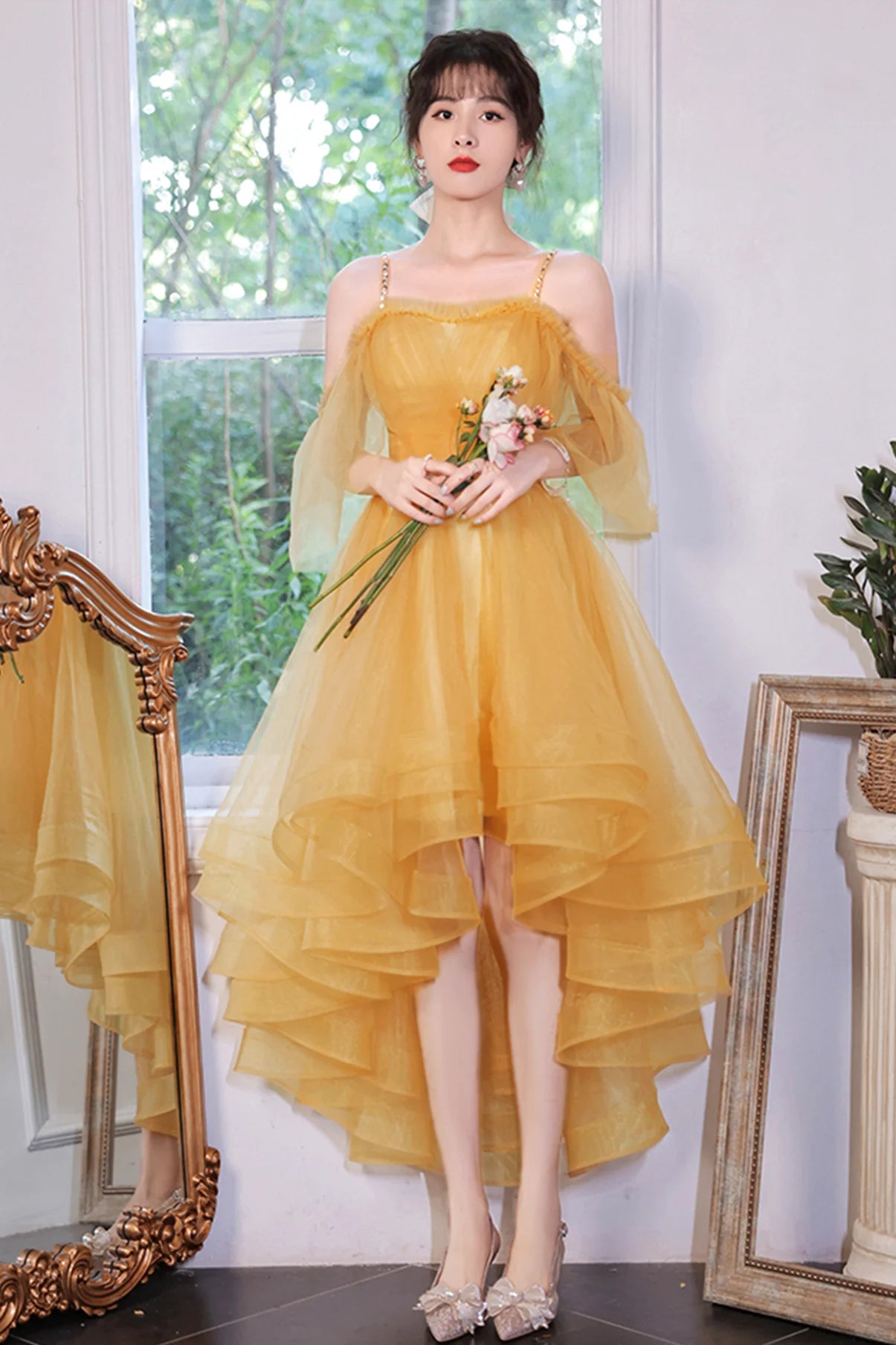 A-Line Yellow Tulle High Low Prom Dresses Evening Dresses