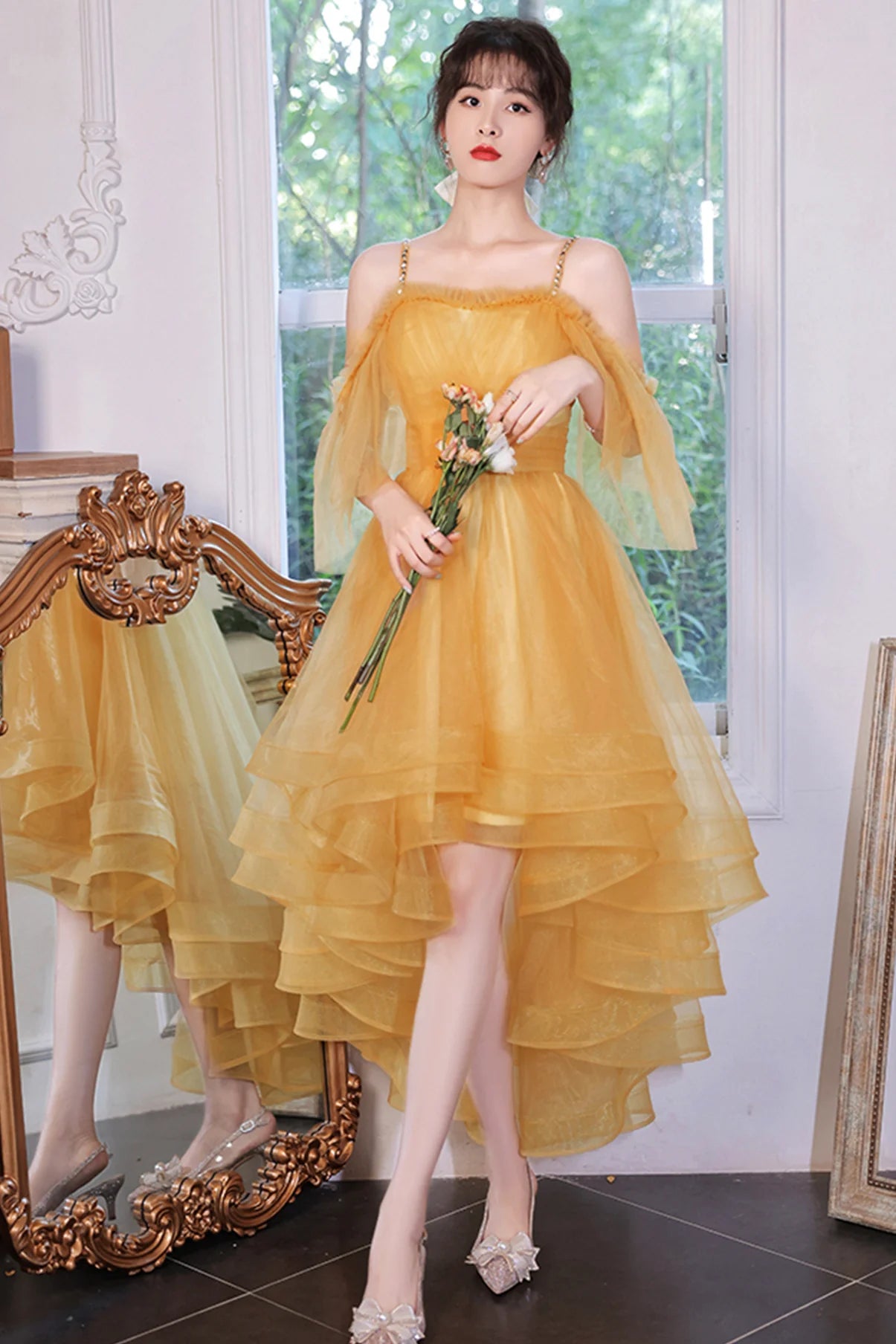 A-Line Yellow Tulle High Low Prom Dresses Evening Dresses