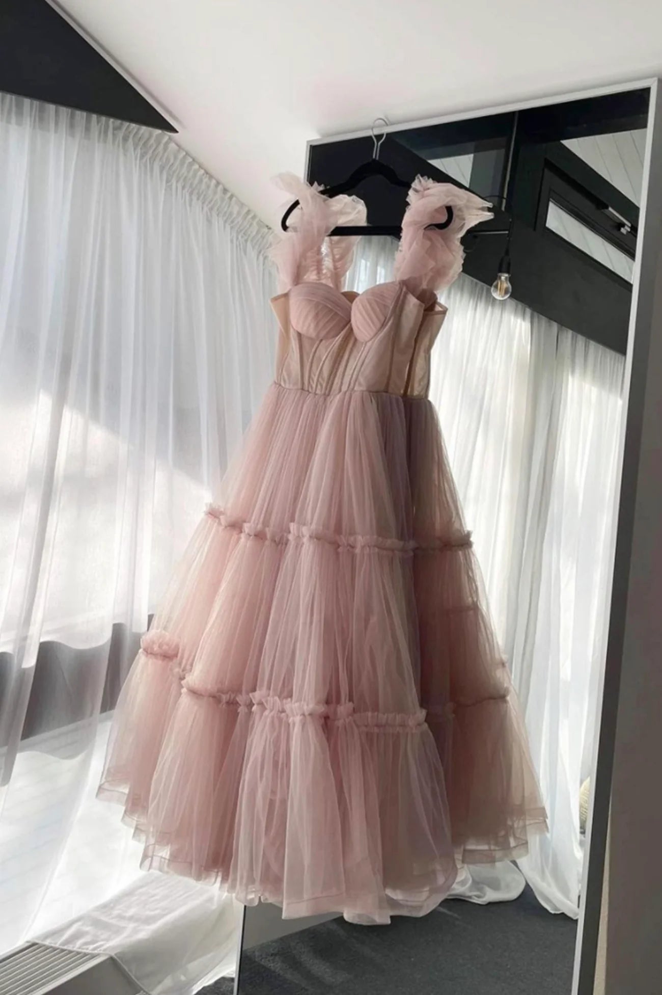 A-Line Pink Tulle Short Prom Dresses Pink Evening Party Dresses