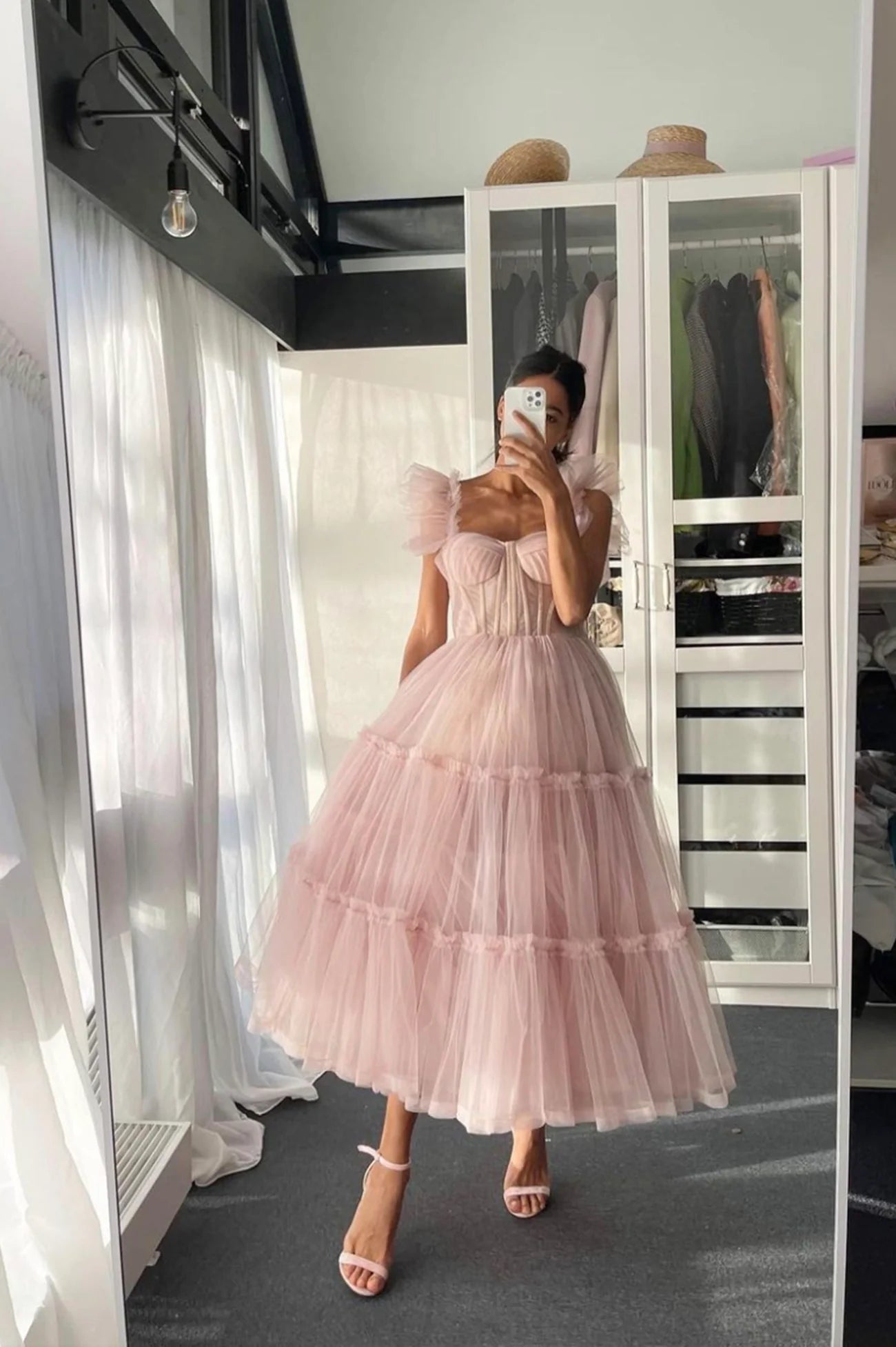 A-Line Pink Tulle Short Prom Dresses Pink Evening Party Dresses