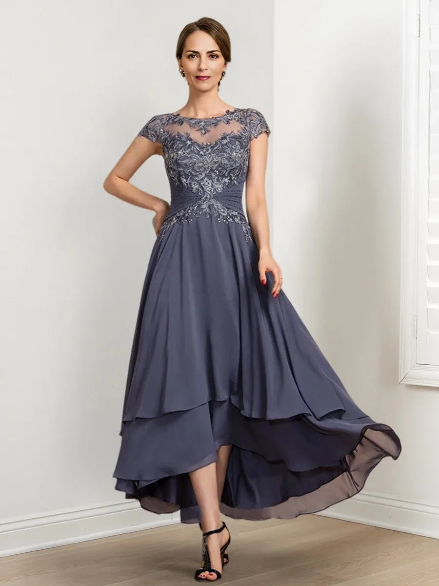 A-Line with Applique Asymmetrical Floor-Length Short Sleeves Mother of the Bride Dresses